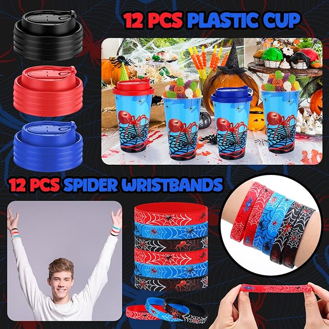 48 Pcs Spider Party Favors Spiderweb Birthday Party Supplies Hero Decorations for Guests Including Drawstring Gift Bags Cups and Wristbands for Christmas Birthday Gift Favors