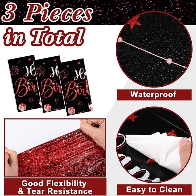 Tudomro 3 Pcs Happy Birthday Tablecloths Happy Birthday Party Decorations Plastic Table Cover Rectangular Cloths for Women Men Baby Shower Party Supplies, 108 x 54 Inch (Black Red)