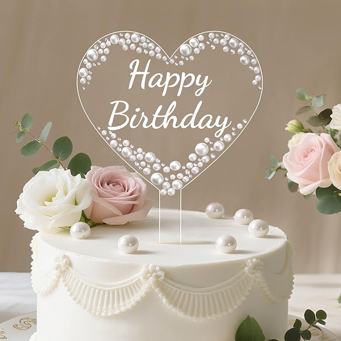 Coucoland Happy Birthday Cake Topper - Heart Acrylic Cake Decor with Sparkling Rhinestones and Pearls for Party Supplies