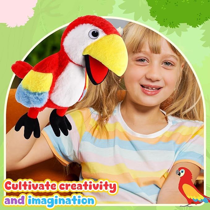 Animal Hand Puppets 11 Inch Bird Plush Toucan Owl Eagle Parrot Flamingo Peacock Puppet Toys Role-Play Puppets for Kids Storytelling Imaginative Pretend Play Teaching Preschool(Parrot)