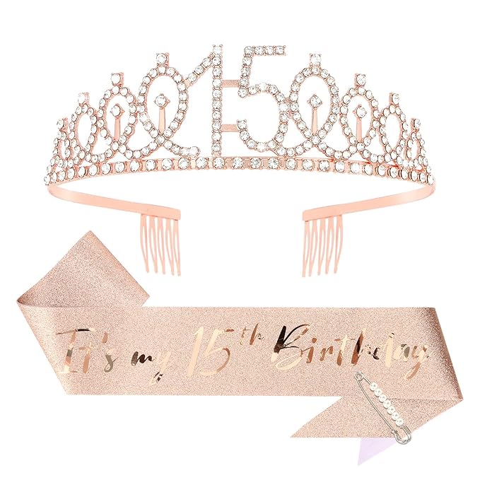 CIEHER 15th Birthday Crown + Sash + Pearl Pin Set, It's My 15th Birthday Decorations, Women's Happy Birthday Party Supplies