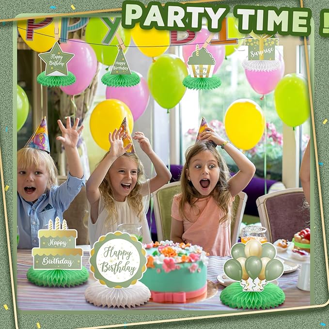 Yexiya 8 Pcs Sage Green Birthday Centerpiece Table Decoration, Happy Birthday Honeycomb Centerpieces Honeycomb Table Toppers for Men Women Party Supplies