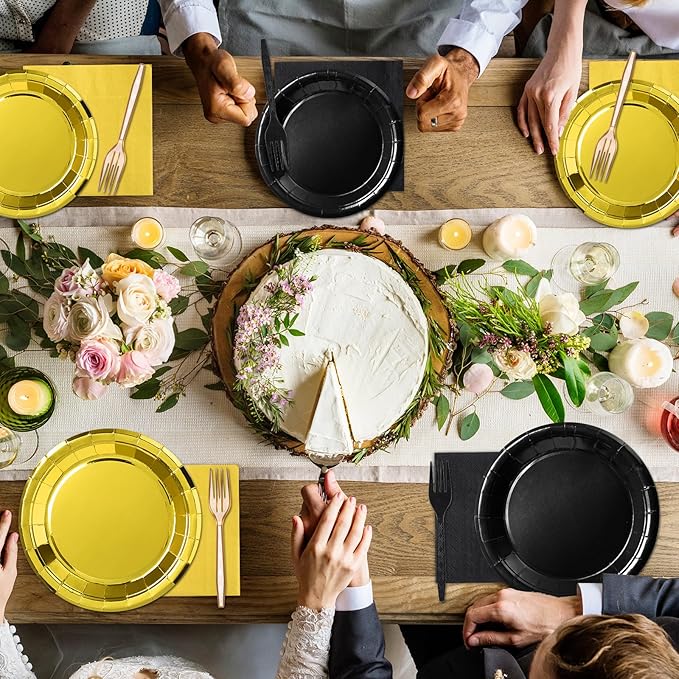 96Pcs Black and Gold Birthday Party Decorations Black and Gold Paper Plates and Napkins Sets Tablewares Dinnerwares for Graduation Wedding Birthday Baby Shower Party Supplies 24 Guest