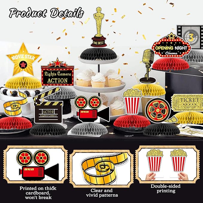 12 Pieces Movie Night Party Decorations Movie Birthday Honeycomb Centerpiece, Party Supplies Decor Microphone Ticket Table Decoration for Theater Birthday Women Men The Kids' Boys Girls