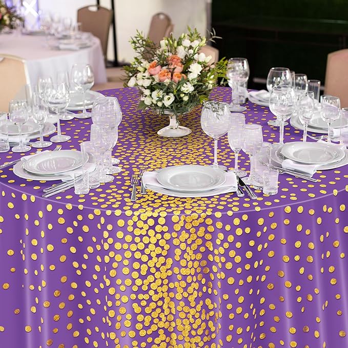 VitalCozy Round Dot Tablecloth 84 Inch Plastic Table Cover Polka Dot Confetti Tablecloths for Easter 2026 Graduation Prom Wedding Birthday Spring Party Supplies(Purple and Gold,3 Pcs)