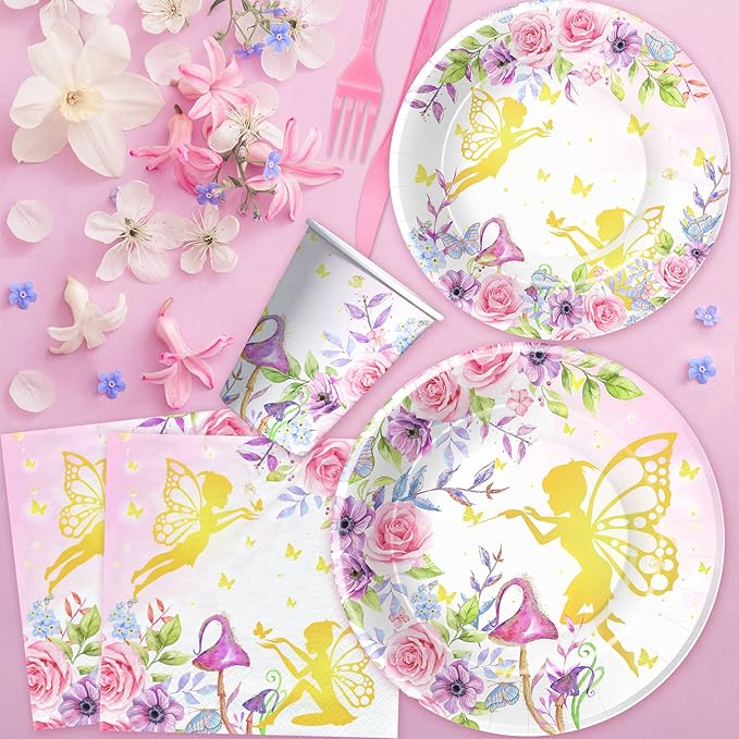 APOWBLS Fairy Birthday Party Supplies - Floral Gold Fairy Party Decorations for Birthday Baby Shower Spring Tea, Paper Plate, Cup, Napkin, Tablecloth, Cutlery | Serves 24
