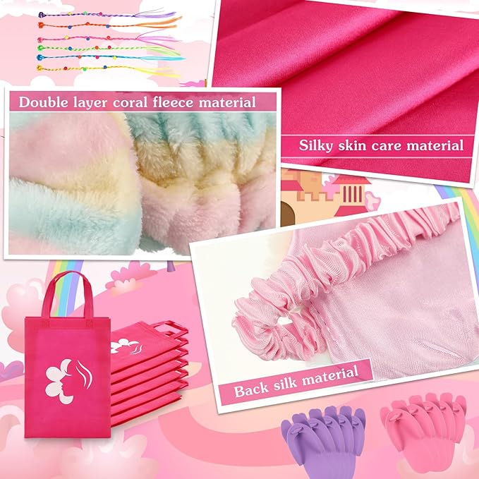 6 Set Sleepovers Teepee Tents Spa Party Robes Supplies Bulk with Inflatable Airbed and Light String, Party Supplies for Birthday Movie Spa Favors Gifts Indoor Outdoor (6 Rose Red)