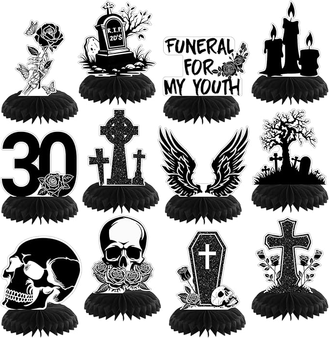 12 Pcs Halloween Death to My 20s Decorations 30th Birthday Party Decoration Rip 20s Black Gothic Honeycomb Centerpieces Funeral for My Youth Table Decoration Table Topper for Party Favors Supplies
