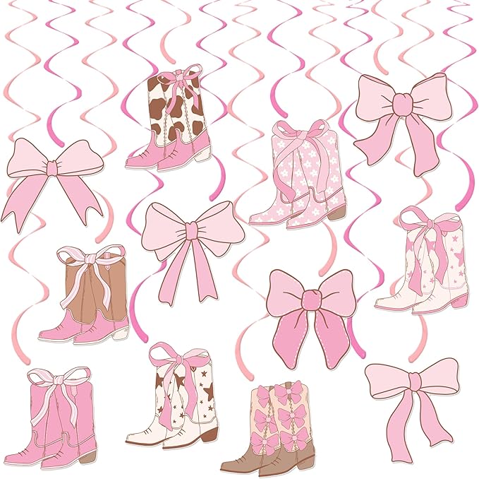 Cowgirl Coquette Hanging Swirls 20PCS Boots and Bows Hanging Decorations Pink Western Cowgirls Party Decorations Cowgirl Boots Hanging Streamers for Coquette Birthday Party Supplies