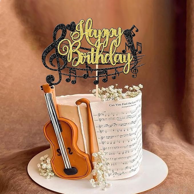 1 PCS Music Happy Birthday Cake Topper Black Gold Glitter Musical Symbol Note Microphone Music Lover Birthday Cake Pick for Concert Singer Theme Party Cake Decoration Supplies