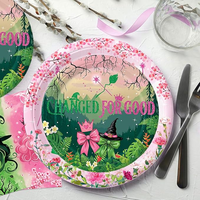 41pcs Witch Party Decorations Include 10pcs Pink Plates, 10pcs Green Plates, 20pcs Napkins, Tablecloth for Pink and Green Birthday Decorations