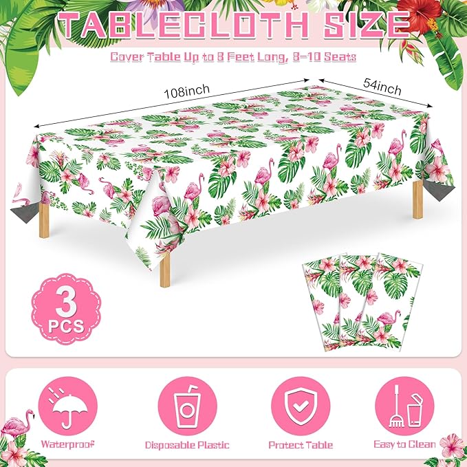 3 Pack Hawaiian Luau Party Tablecloth, 54 x 108 Inch Disposable Tropical Palm Leaves Table Cloth Waterproof Rectangle Table Cover for Summer Beach Pool Cocktail Party Decorations