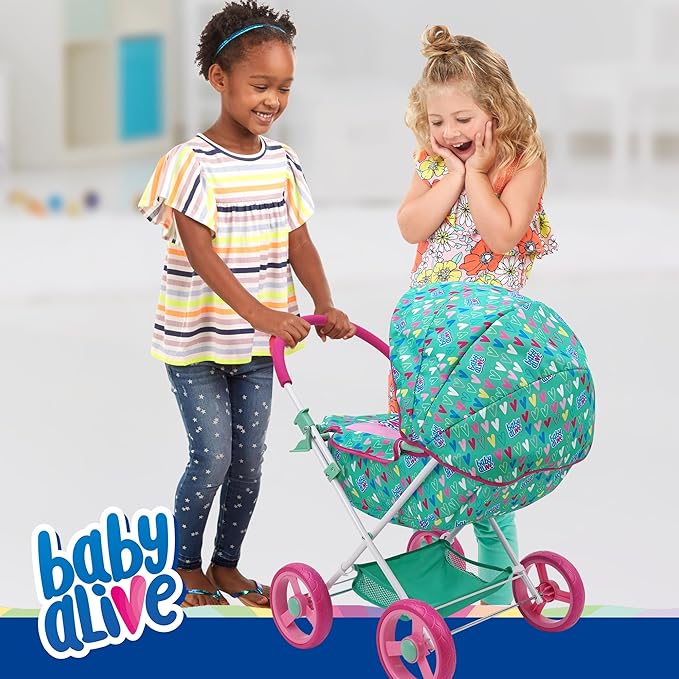 Baby Alive: Deluxe Classic Doll Pram - Green, Pink, Hearts - Accessory for Dolls Up to 18", Matching Shoulder Bag, Foldable, Storage, Kids Toy, Age 3+
