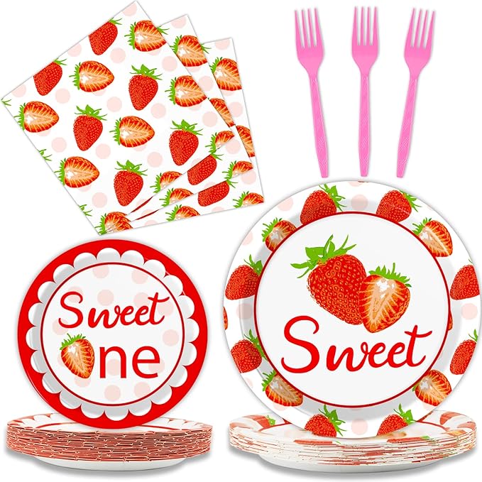 gisgfim 96 Pcs Strawberry Party Supplies - Paper Plates, Napkins, 1st Birthday Tableware Set - Summer Sweet Berry Decorations for Kids - Serves 24