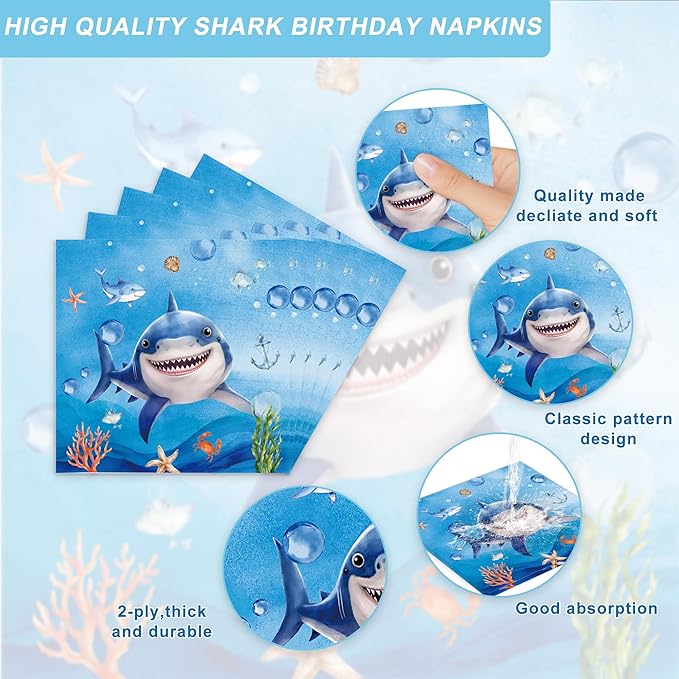 136PCS Shark Party Supplies for Boy Under The Sea Paper Plates and Napkins Banner Spiral Cake Toppers Hanging Swirls Birthday Table Decorations for 20 Guests