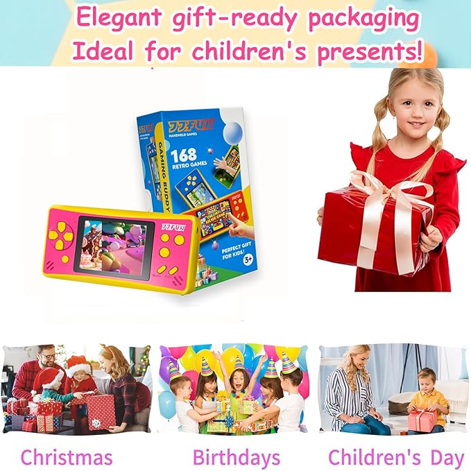 JJFUN Portable Game Console for Kids – 3.2" Screen, 168 Built-in Classic Games, Plug & Play on TV, Rechargeable, Ideal Gift for Boys & Girls, Great for Travel, Holidays & Birthdays