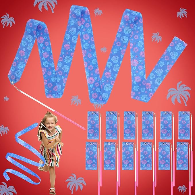 12 Pcs Hawaiian Princess Party Favors Ribbon Dancing Wands Gymnastics Ribbons Sticks Dance Streamers Dance Twirling Sticks for Girls Birthday Party Favors Supplies Goody Bag Stuffers Gifts