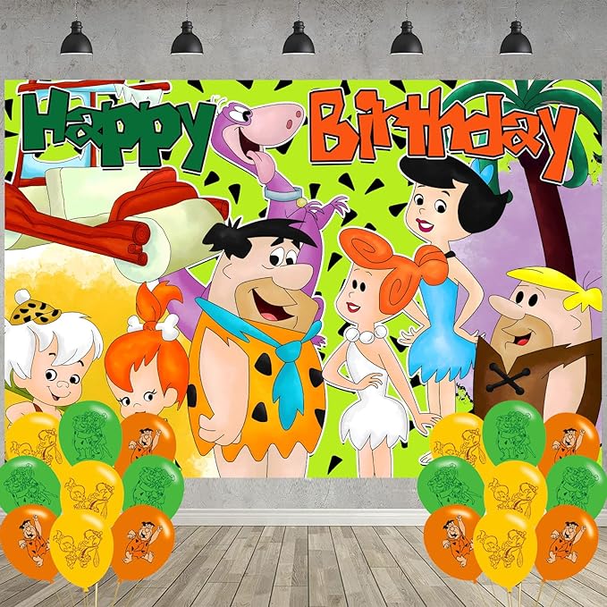 Pebbles and Bam bam Birthday Party Decoration,Flintstones Party Photo Background 5 x 3 FT and 18 Pcs Balloon,Merch Party Backdrop Supplies