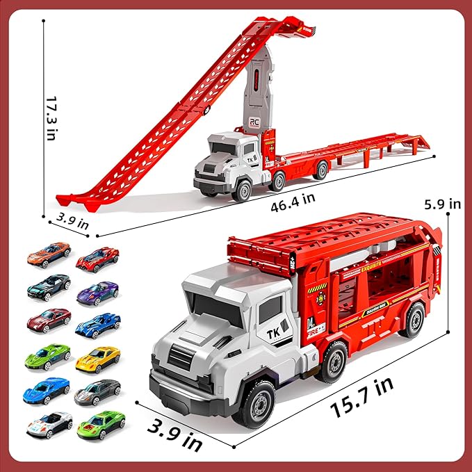 Truck Toys for Kids, Transport Vehicle with 12 Die-Cast Car, Double Race Car Track Cars Ramp Toy, Carrier Truck for Toddler 3-5, Christmas Birthday Gift for 3 4 5 6 7 8 Years Old Boys Girls