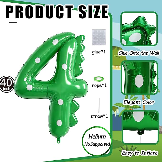 Green Dinosaur Balloons 4th Birthday Decorations for Boys,40inch Big Dinosaur Number 4 Balloon Birthday Party Decoration for Kids Birthday Party Decoration Supplies