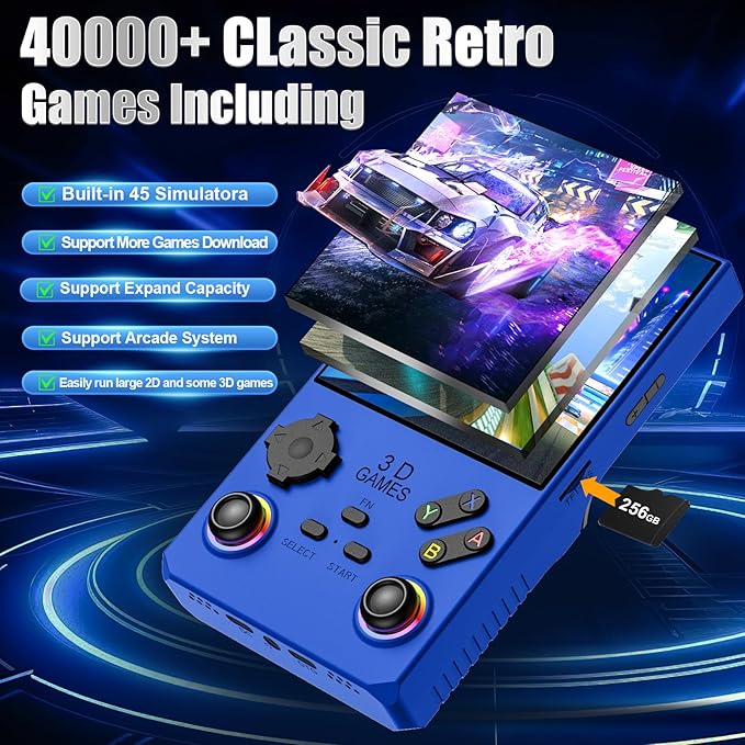 2026 V40MAX Upgraded Retro Handheld Game Console, Built in 40,000+Classic Games, 40+Simulators, Linux System, 4.0-inch 4K HD IPS Screen Video Player, 256GB, Portable Pocket Arcade Console(Sea Blue)