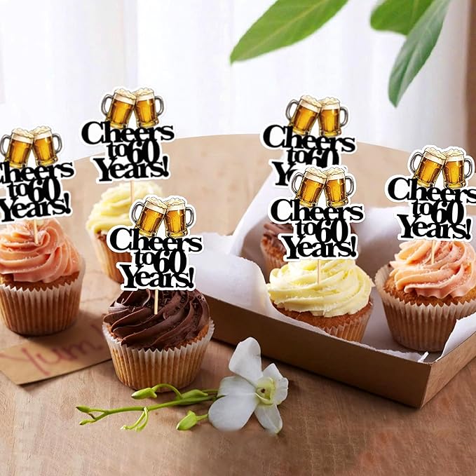 Ercadio 28 PCS Beer Party Cupcake Toppers Cheers and Beers Happy Birthday Decor for Cheers to 60 Years Cake Topper Favor for Summer Family Party Decor Supplies