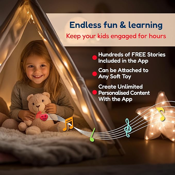 ToyPal – AI Storytelling & Music Player for Kids | Bluetooth Soft Toy Attachment | 500+ Free Personalized Audio Stories | Portable, Screen-Free Speaker | Kids Bedtime & Learning Companion