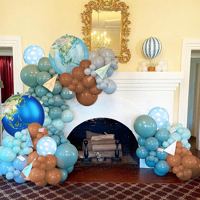 Earth Balloons, 12 Inch Dusty Blue Coffee Cloud Print Balloon with Earth Globe Foil Balloons for Boys Travel Theme Space Theme Party Earth Day Retirement Party Decorations
