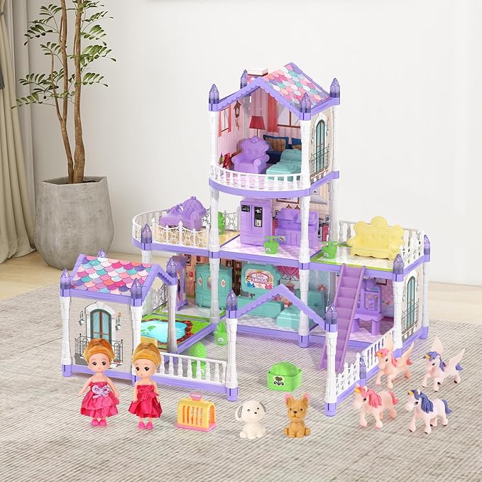 Dollhouse Set with 2 Dolls&4 unicons Dreamy Doll House with 9 Rooms 3 Floors 2 Pets, 12 Pieces Furniture and Accessories, Birthday Princess Dollhouse for Girls for 3 to 12 Years Old