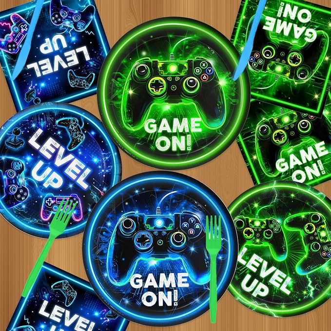 Video Game Birthday Decorations - Neon Level Up Game Tableware Includes Plates, Napkins, Cups, Forks, Tablecloths for Boy Gamer Birthday Party, Serves 24