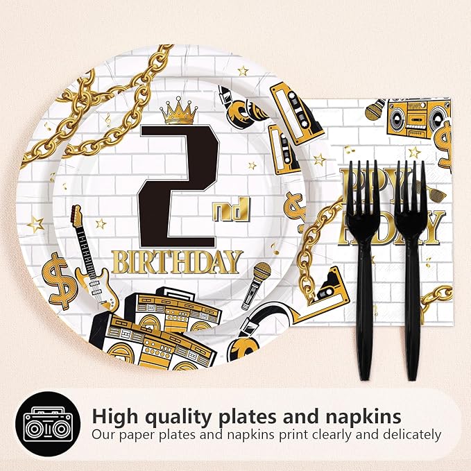 96Pcs Two Legit Quit Birthday Decorations Hip Hop 2nd Birthday Plates and Napkins Gold Black Rapper Theme Decorations for Kids Retro 90s Hiphop Two Years Old Bday Party Supplies Serves 24