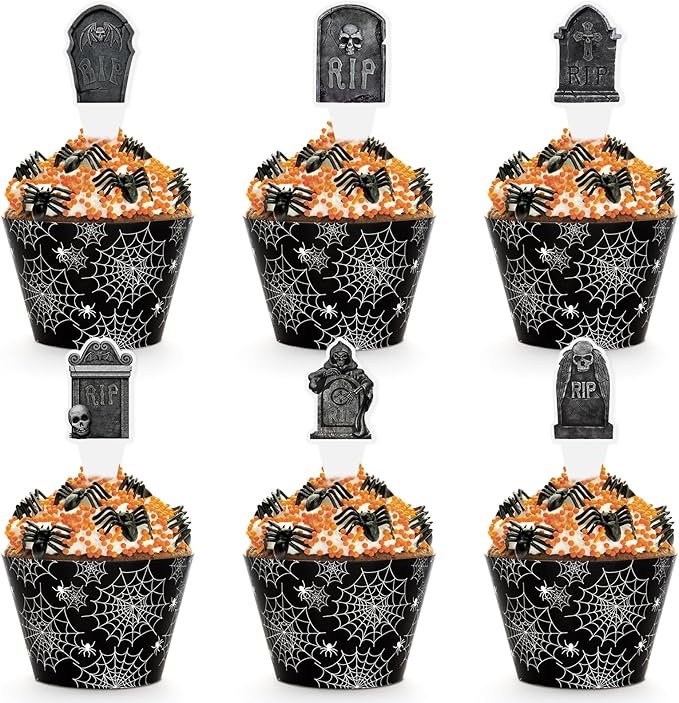 48 Pack Halloween Cupcake Toppers and Black Spider Web Wrappers, Tombstones Skeleton Cupcake Picks Decoration for Halloween Party Birthday Party Supplies