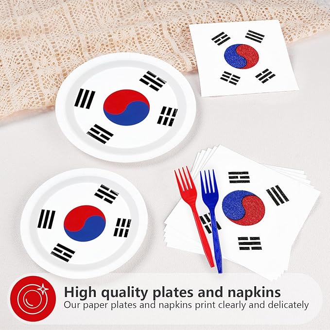 96 Pcs South Korea Flag Themed Party Supplies Disposable South Korean Paper Plates and Napkins Korean National Flag Tableware Set for Country Decoration Party Supplies, Serves 24