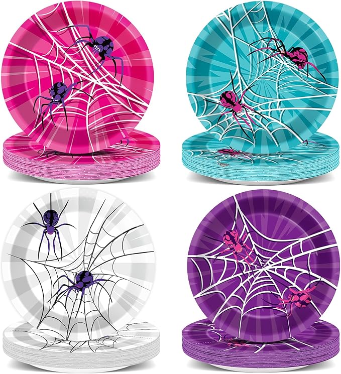 60Pcs 7'' Pink Spider Party Supplies Super Theme Hero Dessert Plates Decorations Spiderweb Disposable Paper Plates Pink Ghost Spiders Tableware for Girl Women Hero Party Favors Birthday