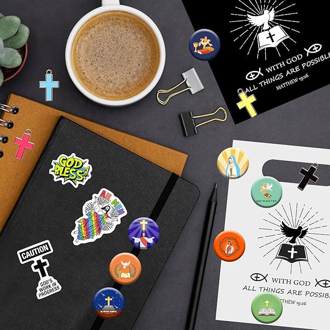 98 PCS Bible Verse Party Favors, Jesus Party Favors Cross Necklace Goodie Bags with Stickers, Rubber Bracelets, Button Pins and Bags for Christian Gathering Party Supplies Decorations