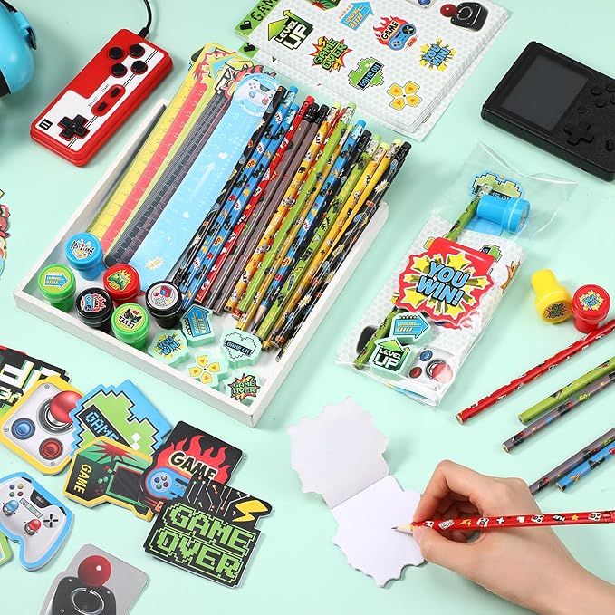 Cholemy 168 Pcs Video Game Party Favors Include Gaming Mini Notebook Gamer Birthday Sticker Pencil Stamper Ruler Eraser for Boy Teen Game Gifts Classroom Rewards Favor Party Supplies Decor(Bright)