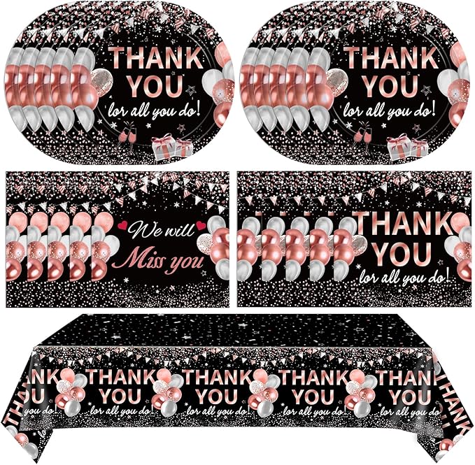 41Pcs Black Rose Gold Thank You Decorations Thank You for All You Do Tableware Disposable Paper Plates Napkins Tablecloth丨Teacher Employee Staff Doctors Nurse Pastor Appreciation Week Party Decor