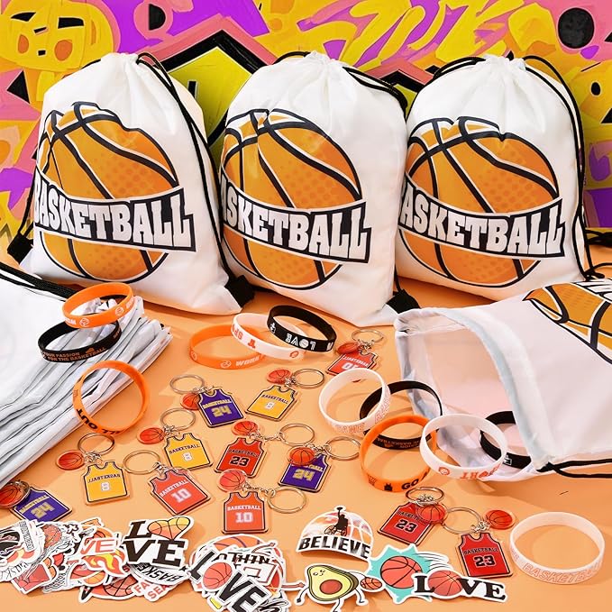 12 Sets Basketball Party Favors Basketball Goodie Bags for Boys Includes Drawstring Bag Silicone Bracelet Keychain Tattoo Sticker for Sports Goodie Bags Basketball Birthday Party Supplies Decor