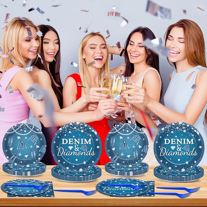gisgfim 96Pcs Denim and Diamonds Party Plates and Napkin Party Supplies Denim Theme Party Jacket Jeans Tableware Set Crystal Paper Dinner Bachelorette Party Decorations for Wedding Serves 24