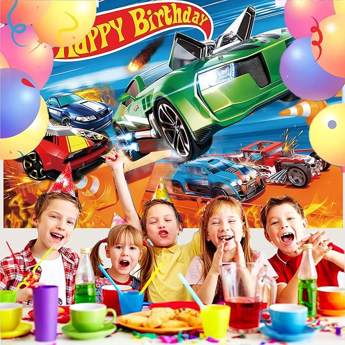Hot Race Car Themed Party Decorations, Car Wheel Birthday Party Supplies Include Plastic Table Covers(42.5x70.8inch) and Photography Backdrop(59x39inch) for Kids Truck Party Favors