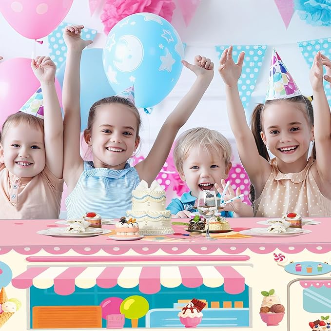 Oudain 6 ft Ice Cream Tablecloth Ice Cream Social Party Supplies Summer Decoration Sweet Dessert Cart Tablecloth 72 x 30 Inch Rectangle Table Cover for Birthday Baby Shower Party Supplies