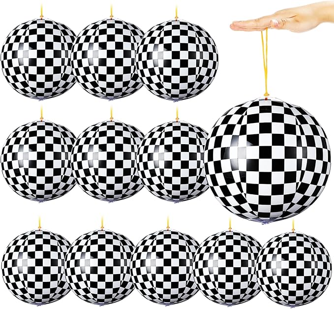12 Pcs Punching Balloons for Kids PVC Inflatable Punch Bouncy Balloon Heavy Duty Race Car Party Favors Goodie Bags Stuffers Classroom Rewards Carnival Toy Prizes(Black White Checkered)