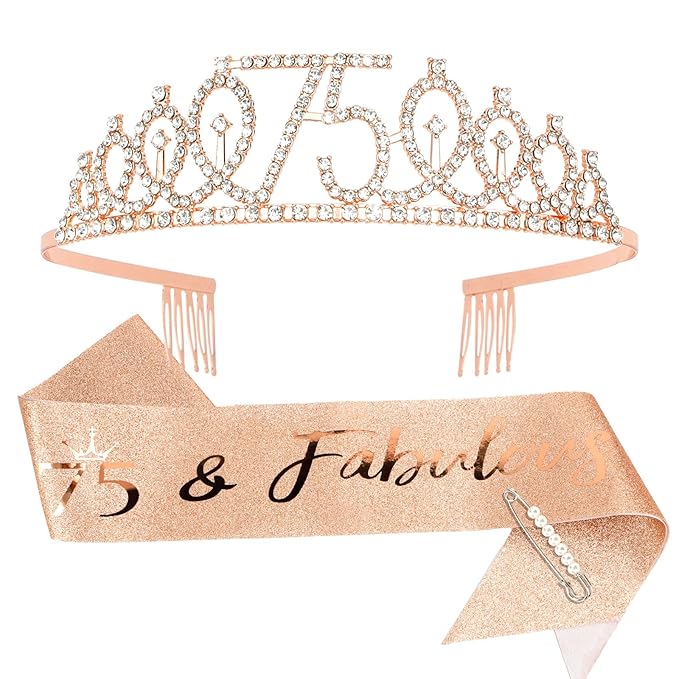 Semato Birthday Decorations for Women- Birthday Crown and Sash Glitter Kit Gifts for Women Party Supplies and Favors (75th)