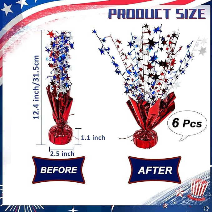 6 Pack 4th of July Table Centerpiece Decoration Metallic Foil Spray Star Burst Patriotic Decoration Independence Day Labor Day Veteran Day Memorial Day Party Supplies, Red White and Blue