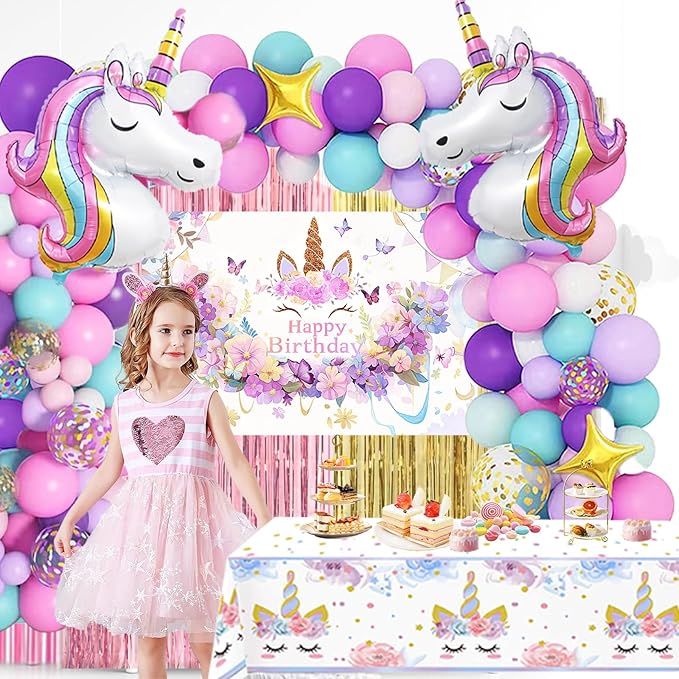 Unicorn Party Decorations Kit - 135-Piece Set with 3D Foil Balloons, Backdrop, Table Cover, Tassel Curtains & Garland Making Supplies - Pink, Rose Gold, Purple Theme (Includes Balloon Arch Kit)