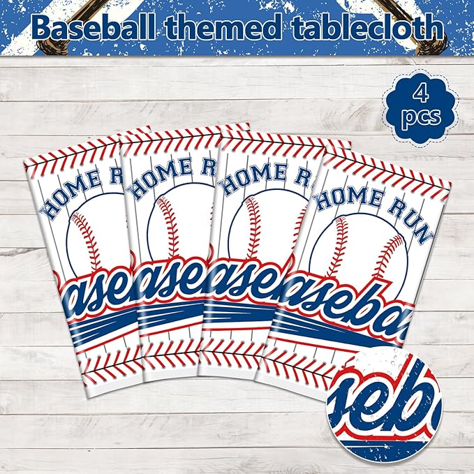 4 Pcs Baseball Tablecloths, Plastic Baseball Table Covers Rectangular Table Cloth for Baseball Themed Party Supplies Sports Event Birthday Party Decorations, 51x86 Inch