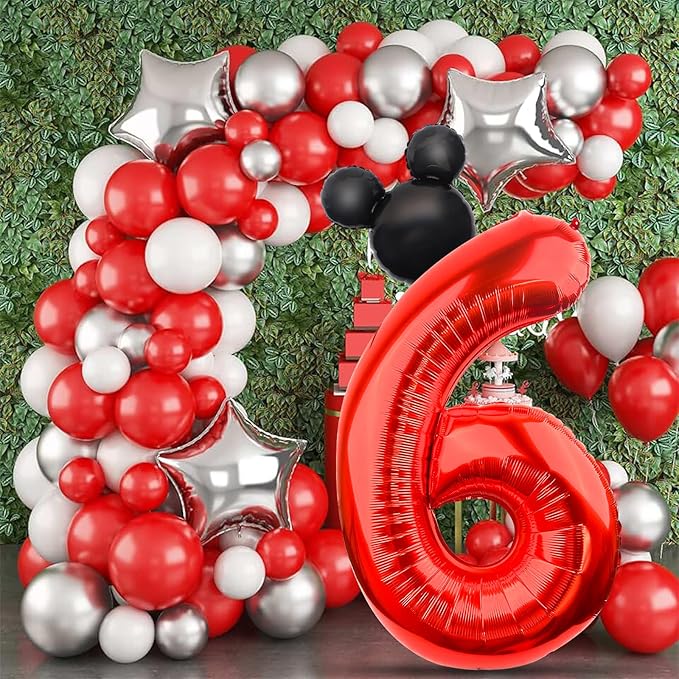 Mouse Number 6 Balloon 40 Inch Red Number 6 Balloon Mini Mouse Head Balloon for 6th Birthday Party, Black Red Large Number 6 Foil Balloon for Baby Shower Anniversary Supplies Decorations