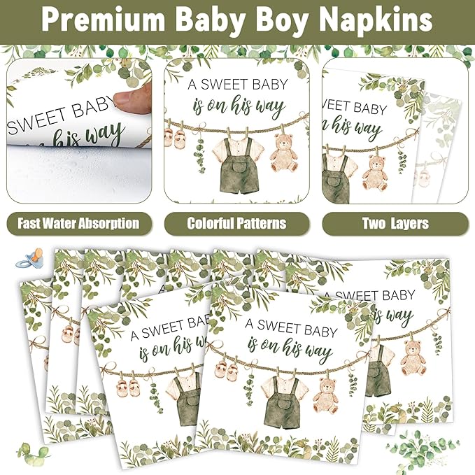 200Pcs Greenery Baby Shower Plates and Napkins Decoration Sage Green Party Tableware Dinnerware Set A Sweet Baby Is On His Way Paper Plates for Baby Gender Reveal Party Supplies Serves 50