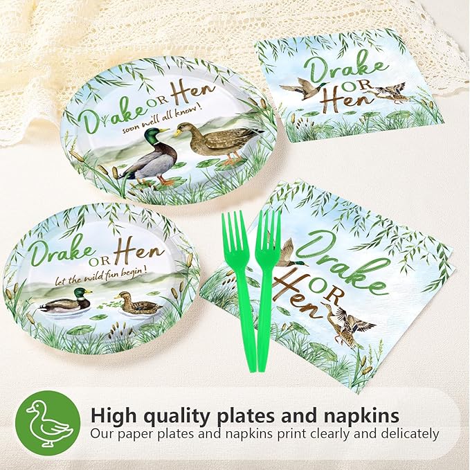 96Pcs Mallard Duck Gender Reveal Party Decorations Mallard Duck Gender Reveal Plates and Napkins Drake or Hen Disposable Tableware for Baby He or She Party Decorations Serve 24