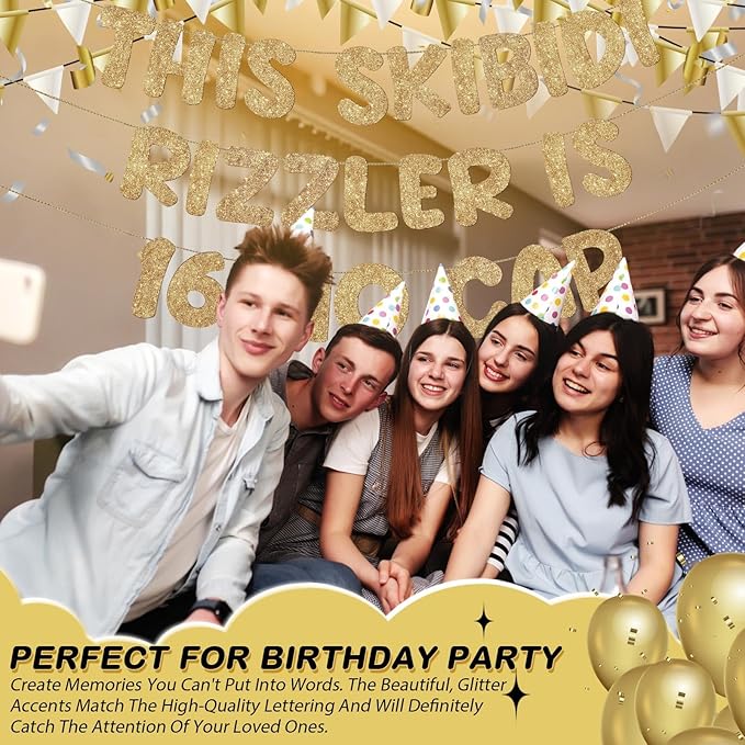 Fulmoon Pre Strung This Skibidi Rizzler Is 16 No Cap Glitter Banner 16th Birthday Party Decorations, Funny Birthday Sign, Party Supplies, Ideas, Gifts, Champagne Gold